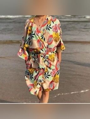 Noonday Collection Papaya Tropical Floral Print Kimono Robe Women’s XS / S